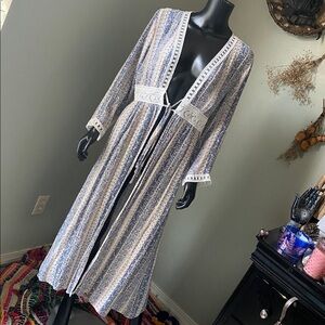 Rebellion Boho Hippie Blue Cream and White Patterned Lace Cover Up Cardigan